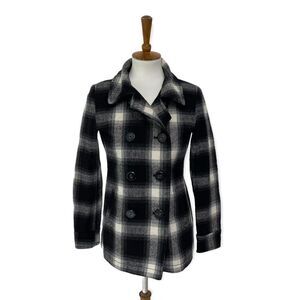 Old Navy black cream plaid winter pea coat double breasted xs small